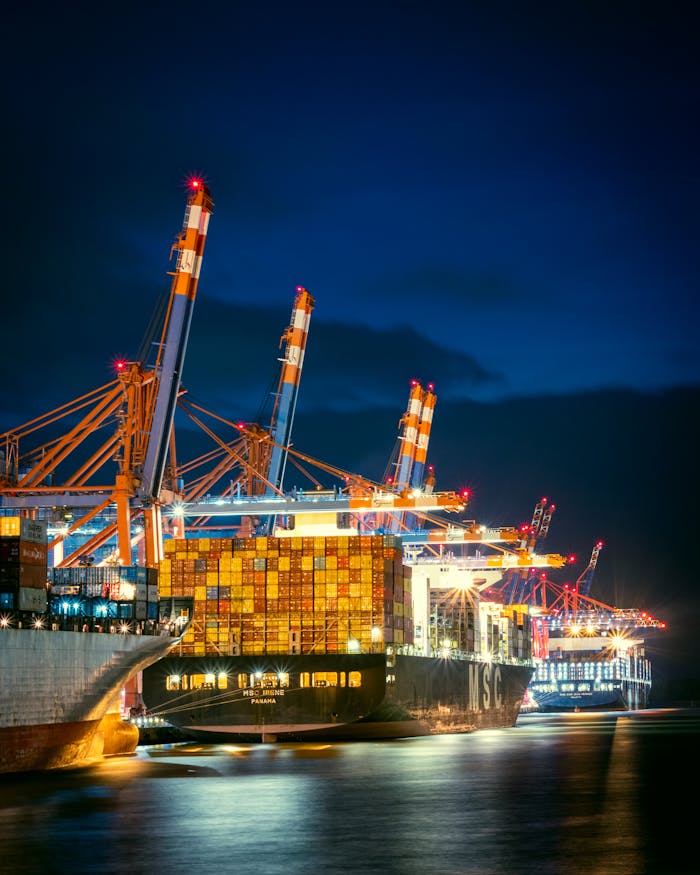 Vibrant night view of container ships at Hamburg port with cranes illuminated.