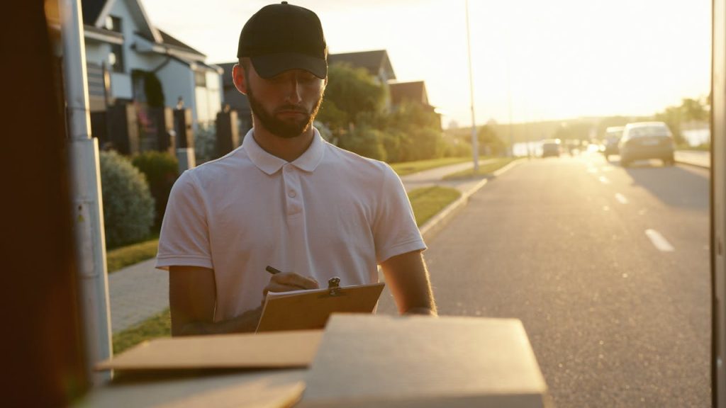 Delivery worker writing on clipboard while delivering packages on a sunny street.